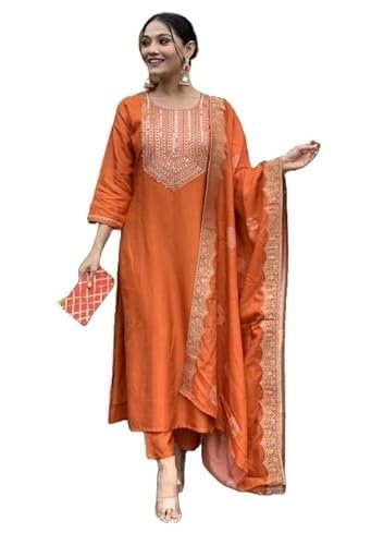 Nermosa Women Embroidery Silk Straight Kurta and Pant Set with Dupatta - Image 4