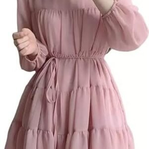 ZamFashion Women Pleated Blouses Dress Imported Georgette Three Fourth Sleeve Single Breasted Edge Dori Belt Dresses Streetwear Dress