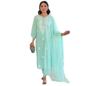 Naixa Women's Cotton Embroidered Straight Kurta with Pant and Dupatta Sets (Available in Plus Size) (NX-631)