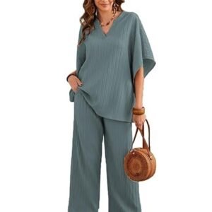 TADKEE Women's Solid Color V-Neck Kaftan Sleeve Casual Wear Co ord Set | Kurta Set for Women
