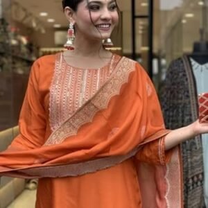 Nermosa Women Embroidery Silk Straight Kurta and Pant Set with Dupatta