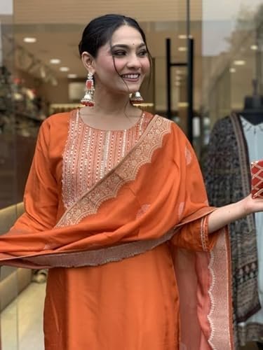 Nermosa Women Embroidery Silk Straight Kurta and Pant Set with Dupatta - Image 6