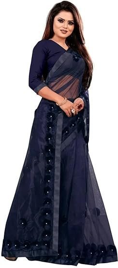 JS Clothing Mart Women's Dailywear Georgette Stone Work Saree with Border & All-Over Stone Embellishments – Wedding Saree