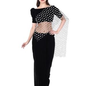 FABBIT Women’s Velvet Designer Black Hand Bead Embroidery Pallu Elegant Ready Wear Saree