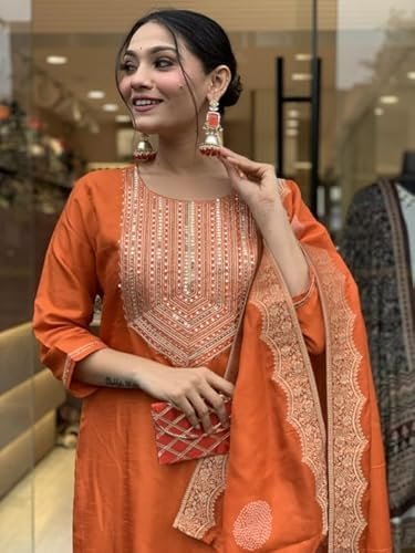 Nermosa Women Embroidery Silk Straight Kurta and Pant Set with Dupatta - Image 5