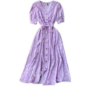 Gufrina Dresses for Women Half Sleeve || Floral Print || V-Neck and Puff Sleeves || Front Open Button & Tie-Up || Midi Dress