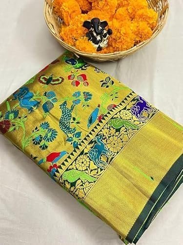 Veglari Women's Kanjivaram Pure Golden And Copper Original Hand Weving Paithani Silk Sarees - Image 3