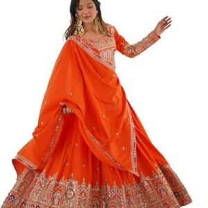 JIHU CULTURE Women's Natural Silk Coding Dori With Sequence Embroidery Work Semi Sttiched Lehenga Choli Set For Wedding