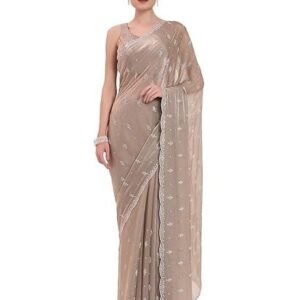 FIORRA Women's Beige Organza Crushed Siroski Work Embellished Border Saree