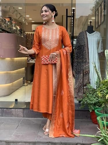 Nermosa Women Embroidery Silk Straight Kurta and Pant Set with Dupatta - Image 3