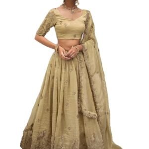 JIHU CULTURE Beige Silk Thread Sequence Embroidery Work Semi-Sttiched Lehenga Choli Set For Women