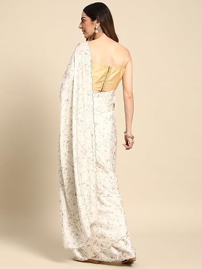 MOHEY Cream Satin Mirror Embroidered Saree for Women - Image 4