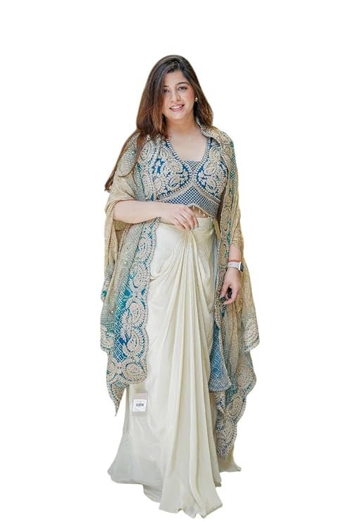 Lehenga Choli Indo-Western Draped Set For Womens And Girls Ready To Weear Hevay Chinon Silk Fabric With Work Multi Thread Embroidery Codin