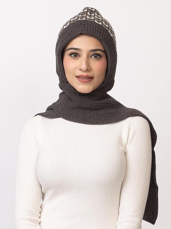 AMOLDO Women's Winter Woolen Warm Soft Knitted Designer Muffler Beanie Cap with Fleece | Fur Printed Woolen Hat with Attached Scarf for Cold Weather - Image 4