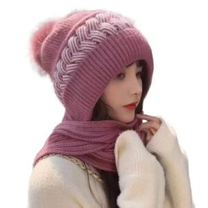SYGA Women Winter Knitted Warm Hat with Scarf,Ear Protection Pompom Woolen Hat for Adult