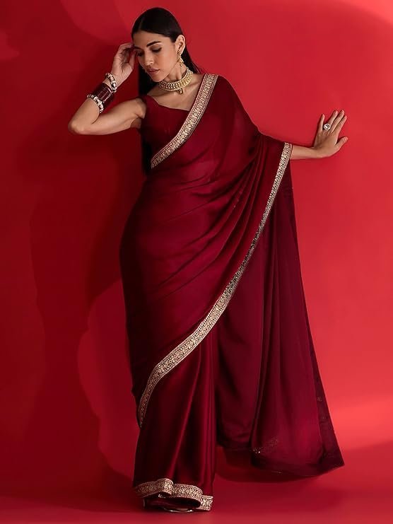 AKHILA Women's Satin Solid Saree With Unstitched Blouse - Image 4