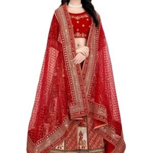 vALIOTH Women's Red Bridal Lehenga Choli Set in Organza Fabric with Heavy Embroidery, Traditional Print, and Net Dupatta Wedding Dress