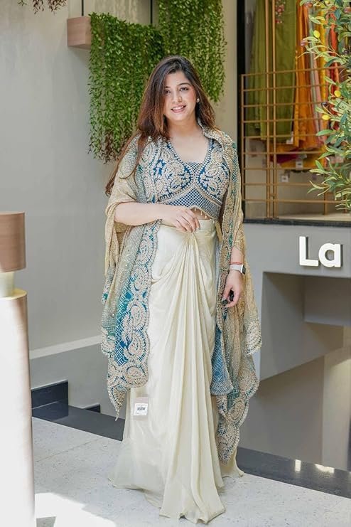 Lehenga Choli Indo-Western Draped Set For Womens And Girls Ready To Weear Hevay Chinon Silk Fabric With Work Multi Thread Embroidery Codin - Image 5