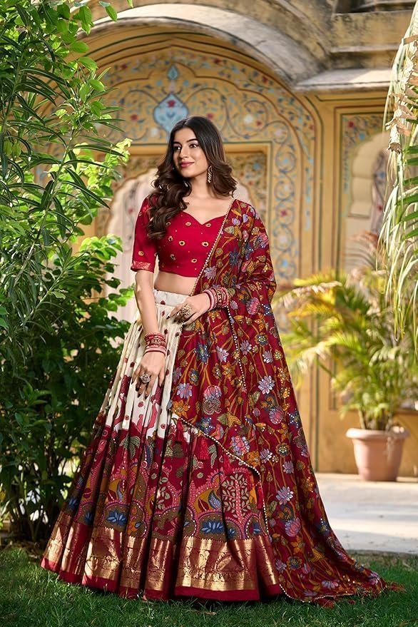 Jay Varudi Creation Women's Tussar Silk Lehenga Choli Set | Patola Print with Foil Work | Unstitched Blouse | Designer Ethnic Wear for Navratri, Wedding, Festival & Party - Image 5