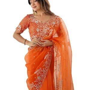 SIRILA Women's Organza Sequence Embroidery Saree With Unstitched Blouse Piece