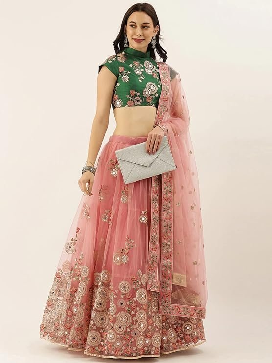 Divine International Trading Co Women's Net Embroidered Semi-Stitched Lehenga Choli with Dupatta (Peach-Wedding-Girlish-Latest-Lehenga; Free Size;7315) - Image 5