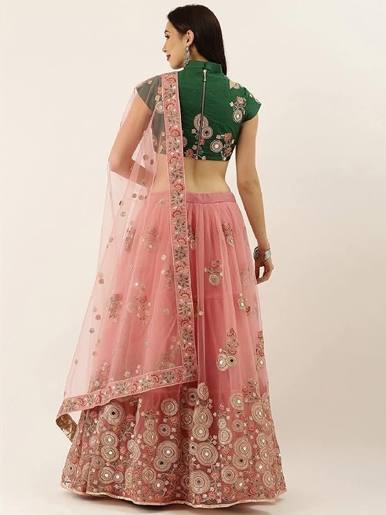 Divine International Trading Co Women's Net Embroidered Semi-Stitched Lehenga Choli with Dupatta (Peach-Wedding-Girlish-Latest-Lehenga; Free Size;7315) - Image 6