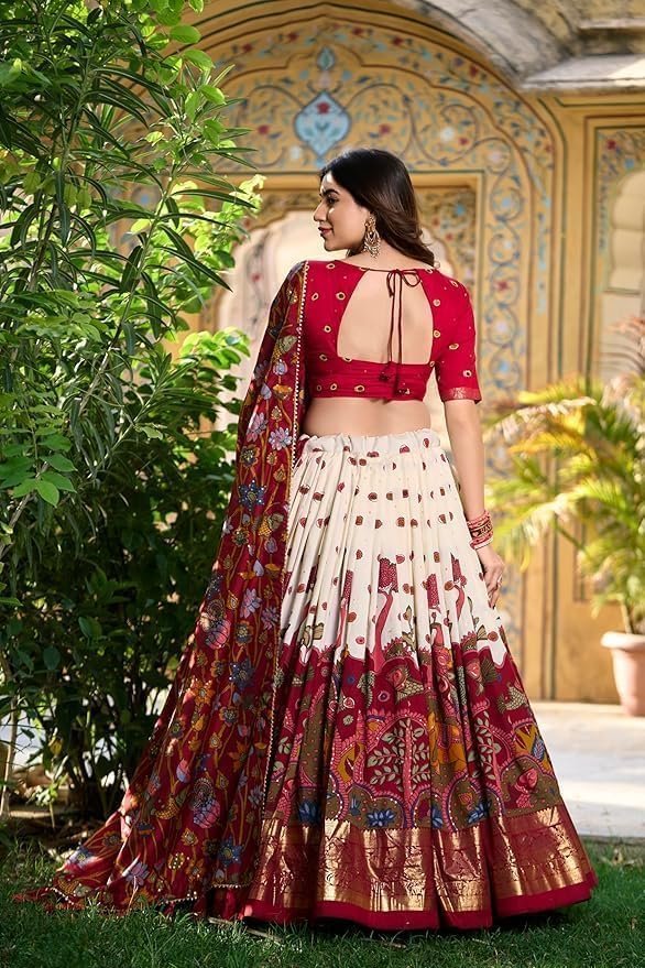 Jay Varudi Creation Women's Tussar Silk Lehenga Choli Set | Patola Print with Foil Work | Unstitched Blouse | Designer Ethnic Wear for Navratri, Wedding, Festival & Party - Image 4