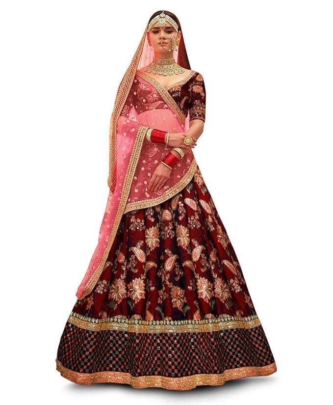 MEGHALYA Women's Silk Semi-stitched Lehenga Choli (7034 Maroon Bridal Lehenga_Maroon_Free Size)