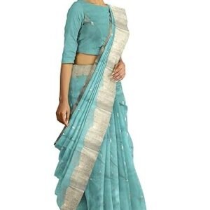 HerClozet Chanderi Handwoven katan Silk Saree zari Border-6.3 mtr(Sea Green)
