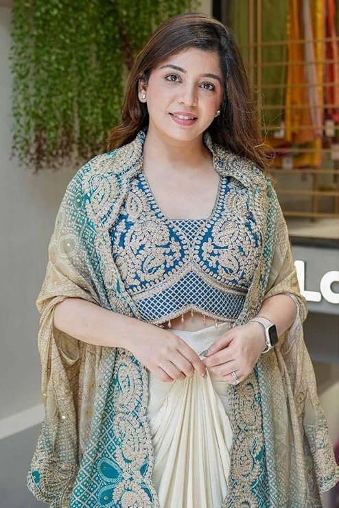 Lehenga Choli Indo-Western Draped Set For Womens And Girls Ready To Weear Hevay Chinon Silk Fabric With Work Multi Thread Embroidery Codin - Image 2