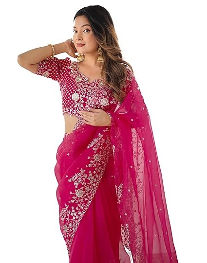 SIRIL Women's Organza Sequence Embroidery Saree With Unstitched Blouse Piece