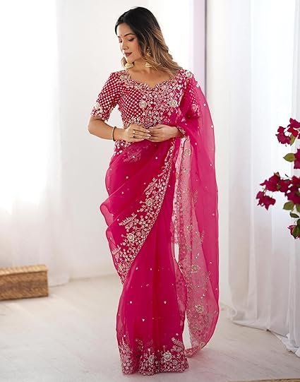 SIRIL Women's Organza Sequence Embroidery Saree With Unstitched Blouse Piece - Image 5