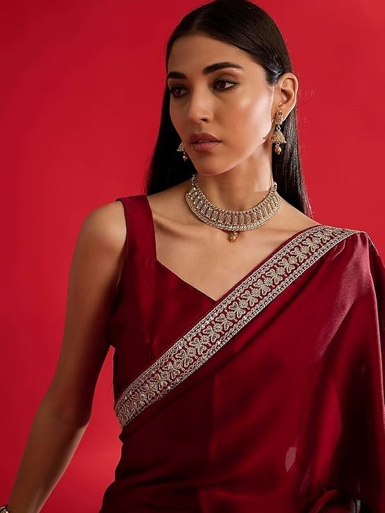 AKHILA Women's Satin Solid Saree With Unstitched Blouse - Image 3