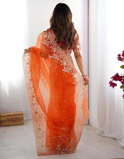 SIRIL Women's Organza Sequence Embroidery Saree - Image 5