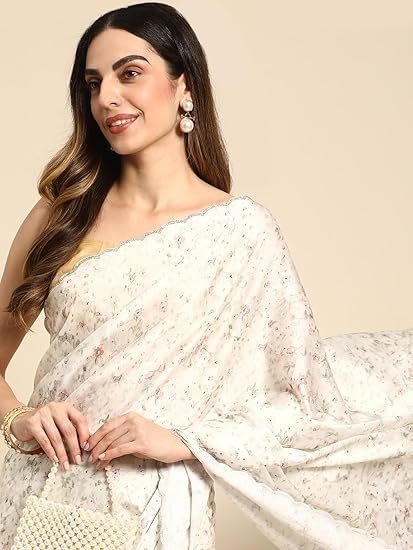 MOHEY Cream Satin Mirror Embroidered Saree for Women - Image 3