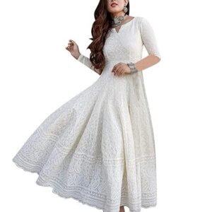 LookMark Women's Cotton Straight Fit Straight Chikankari Long Kurti Gown