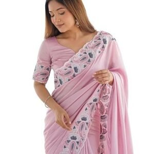 Women's Silk Blend Embroidery Scalloped Border Saree With Unstitched Blouse Piece for Wedding and Parties