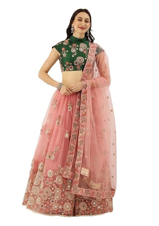 Divine International Trading Co Women's Net Embroidered Semi-Stitched Lehenga Choli with Dupatta (Peach-Wedding-Girlish-Latest-Lehenga; Free Size;7315)