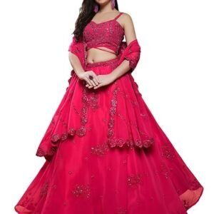 Zeel Clothing Women's Georgette Semi Stitched Lehenga Choli With Dupatta (7060-HotPink-Wedding-Bridal-Stylish-New; Free Size)