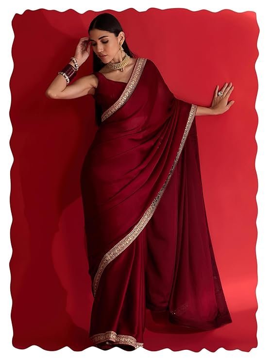 AKHILA Women's Satin Solid Saree With Unstitched Blouse - Image 6