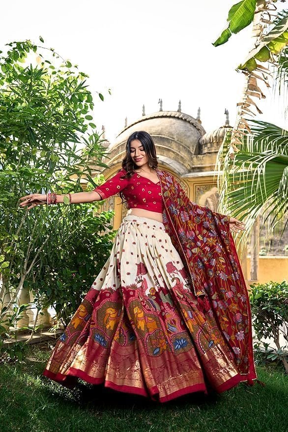 Jay Varudi Creation Women's Tussar Silk Lehenga Choli Set | Patola Print with Foil Work | Unstitched Blouse | Designer Ethnic Wear for Navratri, Wedding, Festival & Party - Image 3