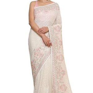 Soch Womens Cream Georgette Embroidered Saree With Sequins