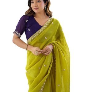 SIRIA Women's Shimmer Chiffon Sequence Embroidery Saree With Unstitched Blouse Piece