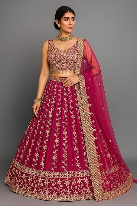 Designer Pink Net Embroidered Lehenga Choli with Dupatta for Women (Pink) - Image 4