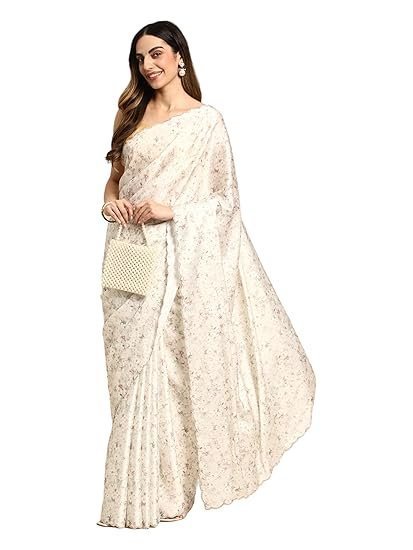 MOHEY Cream Satin Mirror Embroidered Saree for Women