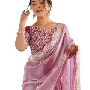 SIRIL Women's Organza Sequence Embroidery Scollped Border Saree With Unstitched Blouse Piece