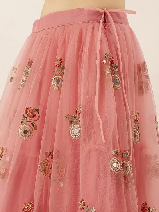Divine International Trading Co Women's Net Embroidered Semi-Stitched Lehenga Choli with Dupatta (Peach-Wedding-Girlish-Latest-Lehenga; Free Size;7315) - Image 3