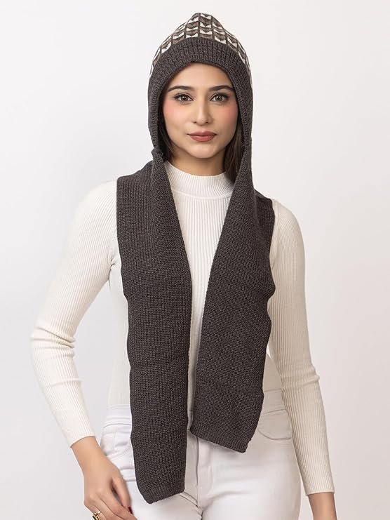 AMOLDO Women's Winter Woolen Warm Soft Knitted Designer Muffler Beanie Cap with Fleece | Fur Printed Woolen Hat with Attached Scarf for Cold Weather - Image 5