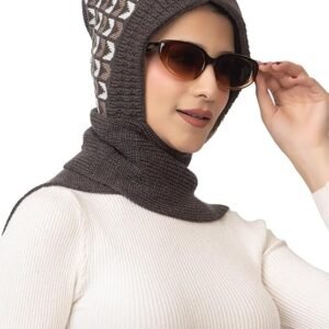 AMOLDO Women's Winter Woolen Warm Soft Knitted Designer Muffler Beanie Cap with Fleece | Fur Printed Woolen Hat with Attached Scarf for Cold Weather