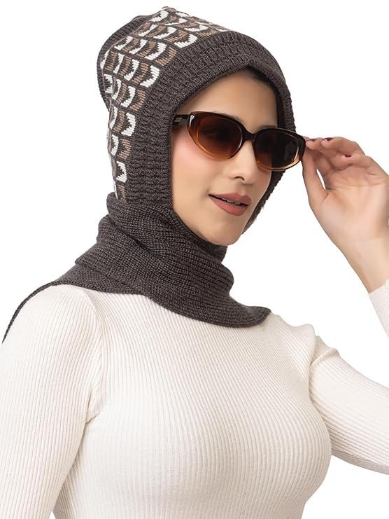 AMOLDO Women's Winter Woolen Warm Soft Knitted Designer Muffler Beanie Cap with Fleece | Fur Printed Woolen Hat with Attached Scarf for Cold Weather